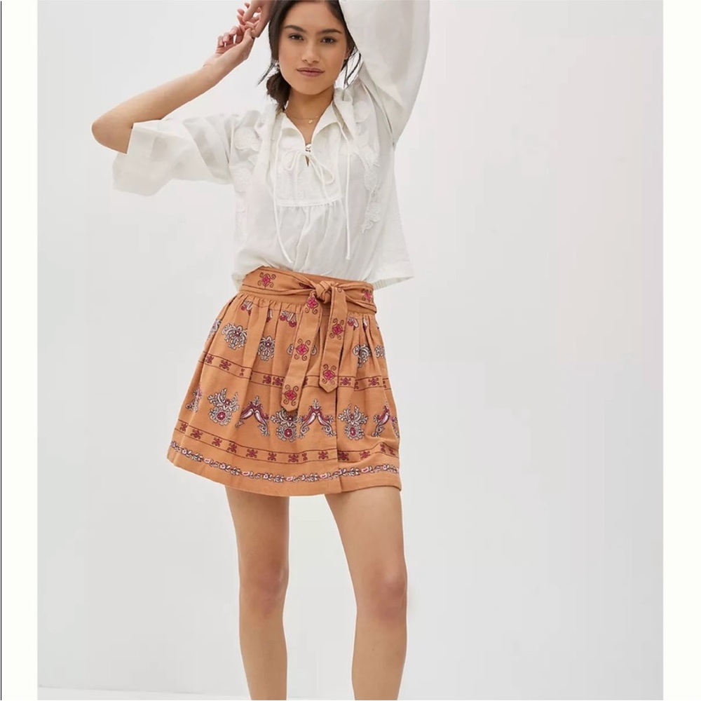 Anthropologie Meghan Embroidered  Wrap Mini Skirt